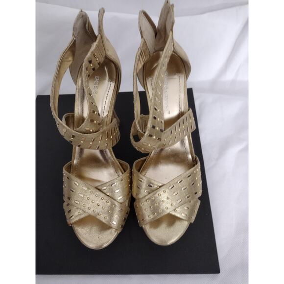 BCBGeneration Shoes Womens Size 8 Gold Strappy Platform Heel Sandals Party - Picture 1 of 8